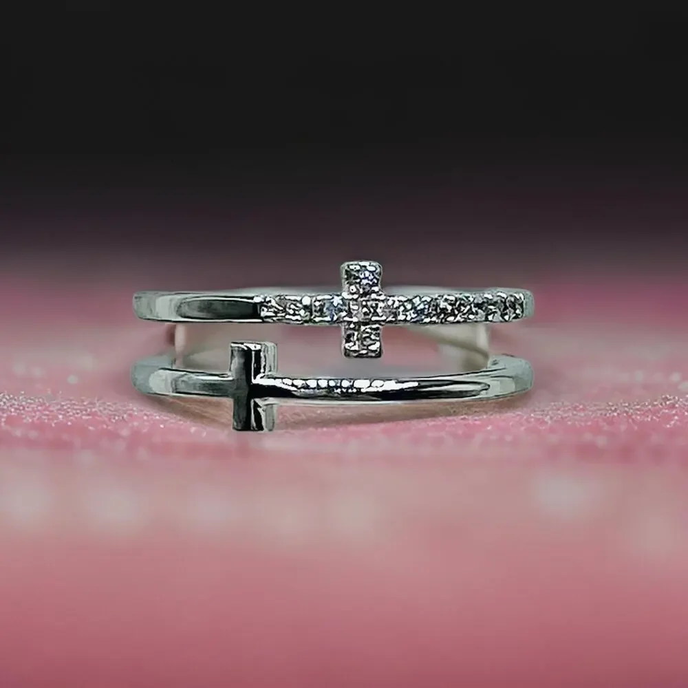 Silver Double Cross Rhinestones Ring Size 6
